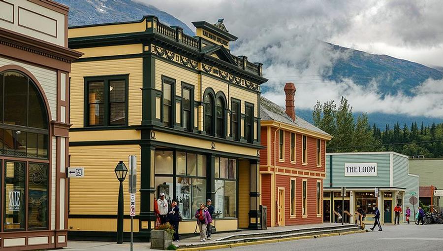A view of small stores and buildings in Skagway, Alaska. 